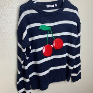 Cherry print blue and white striped sweater